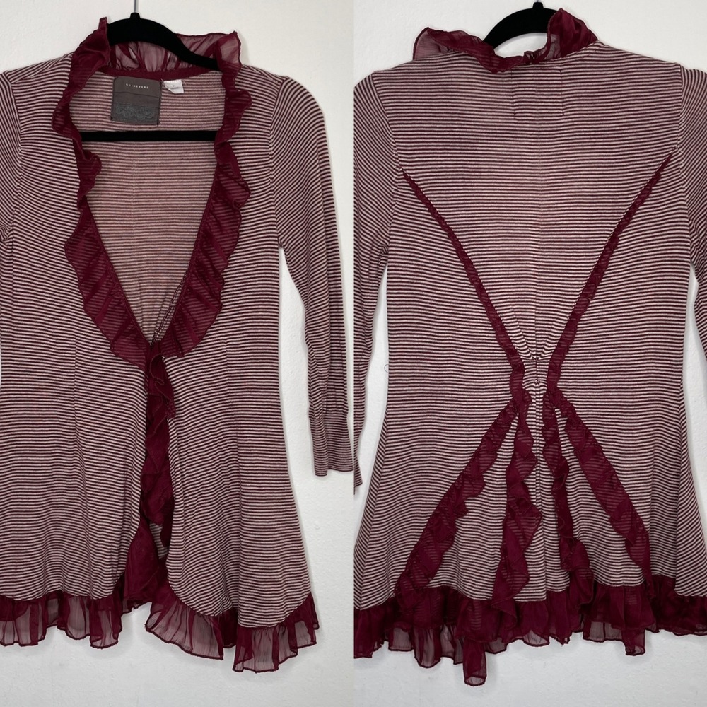 Guinevere‎ Anthropologie Cardigan Womens S Burgundy Striped Ruffle Open Coquette